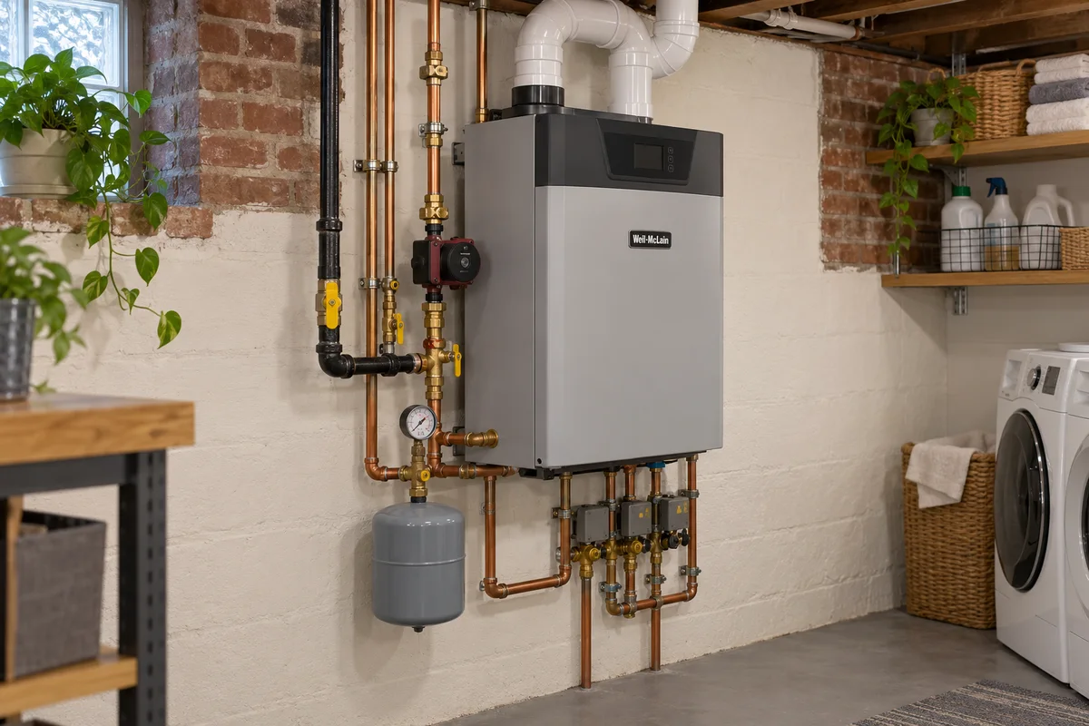 Weil-McLain condensing boiler with hydronic piping in a clean residential bungalow laundry basement