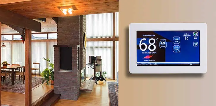 A living room, and a close-up of a smart thermostat set to 68 degrees