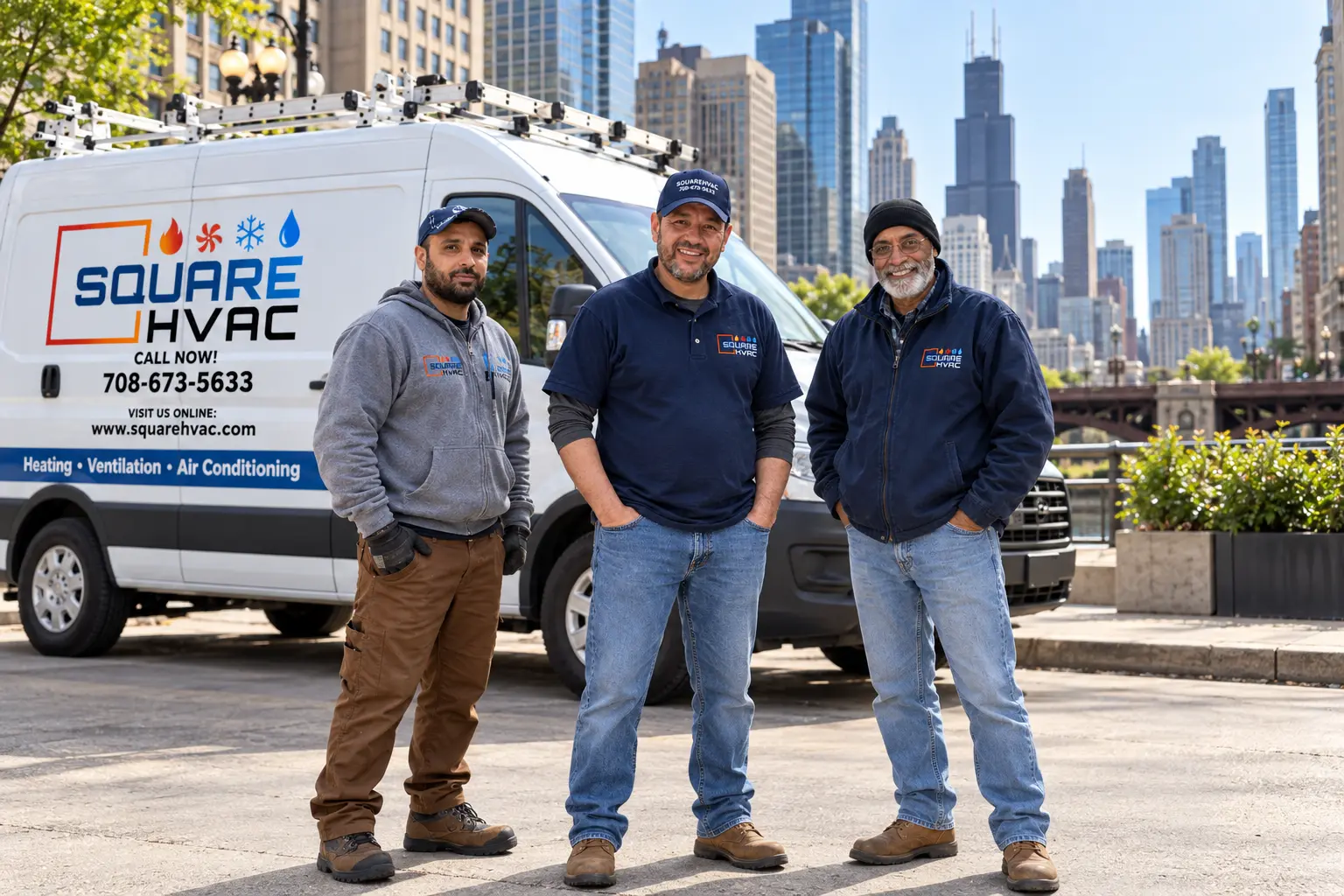 SquareHVAC owner with two technicians beside a SquareHVAC service vehicle
